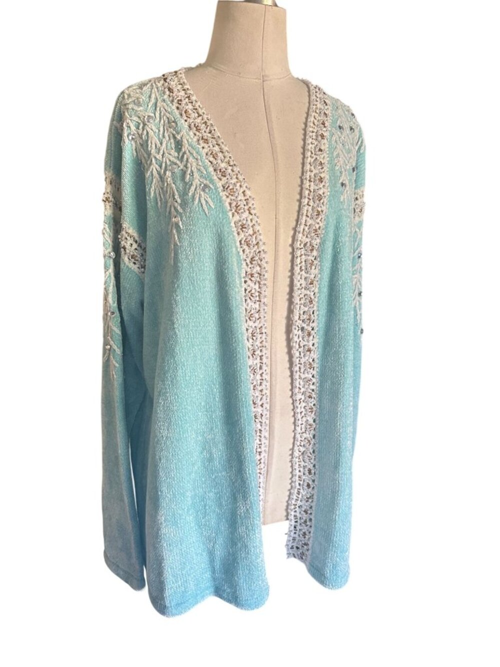 Sweater Sweater Chenille Cardigan light teal with lots of beading, full button X